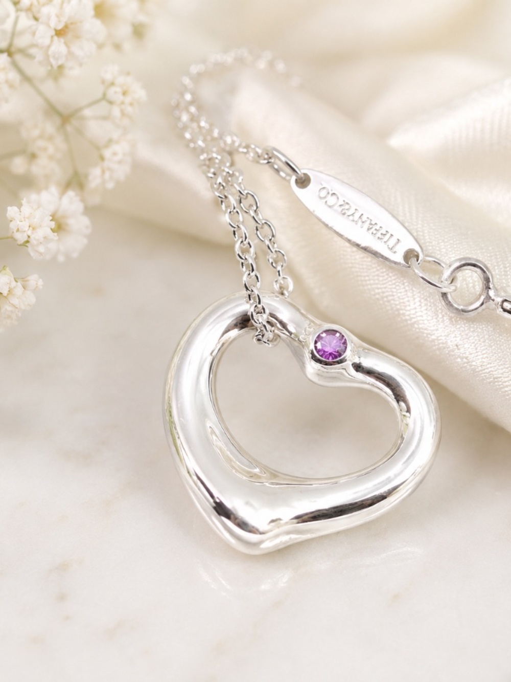 Tiffany & Co pink sapphire open heart necklace 925 Elsa Peretti MSRP $850